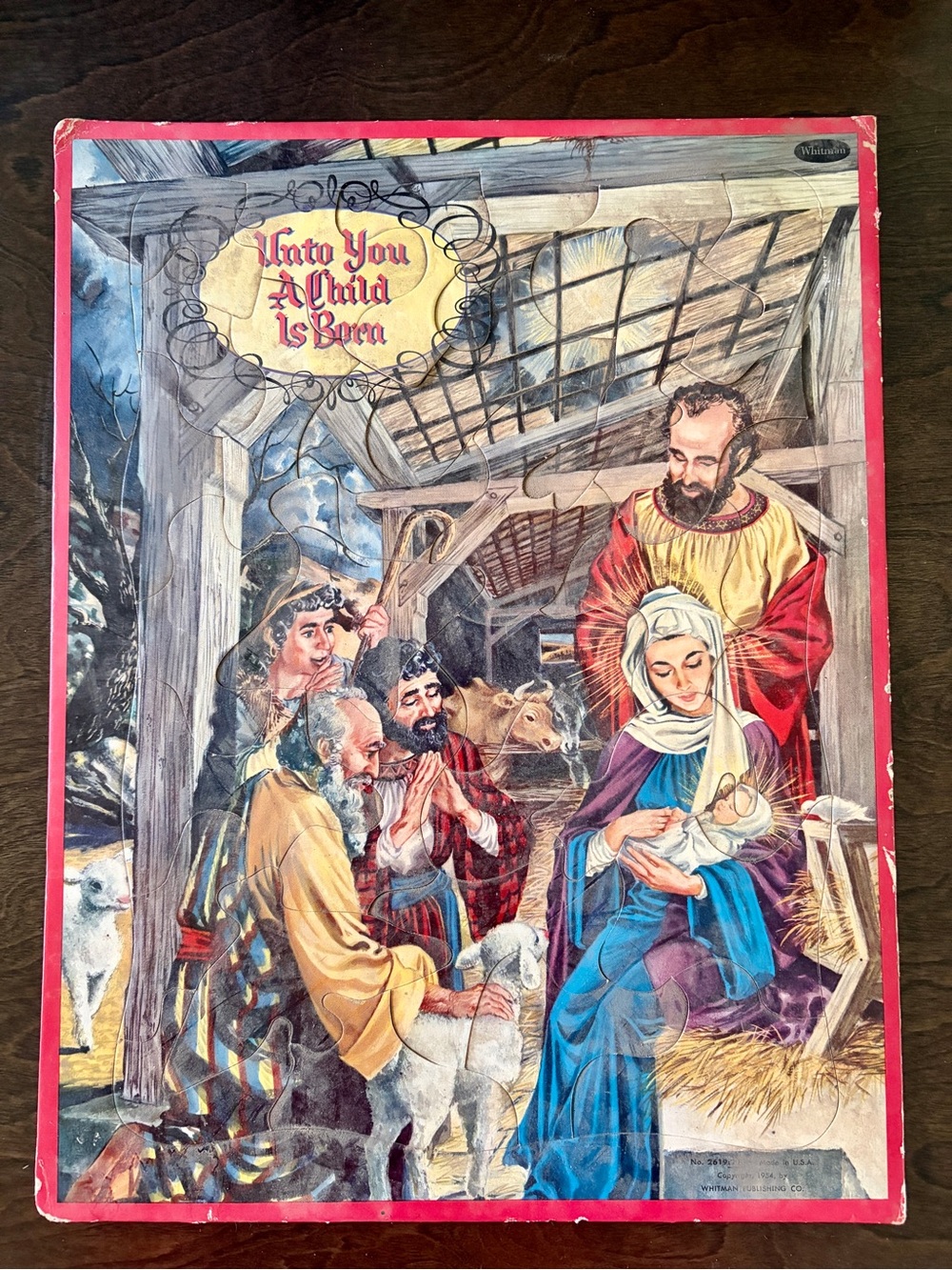 Vtg 1954 Whitman frame-tray Christmas jigsaw puzzle "Unto You a Child is Born"